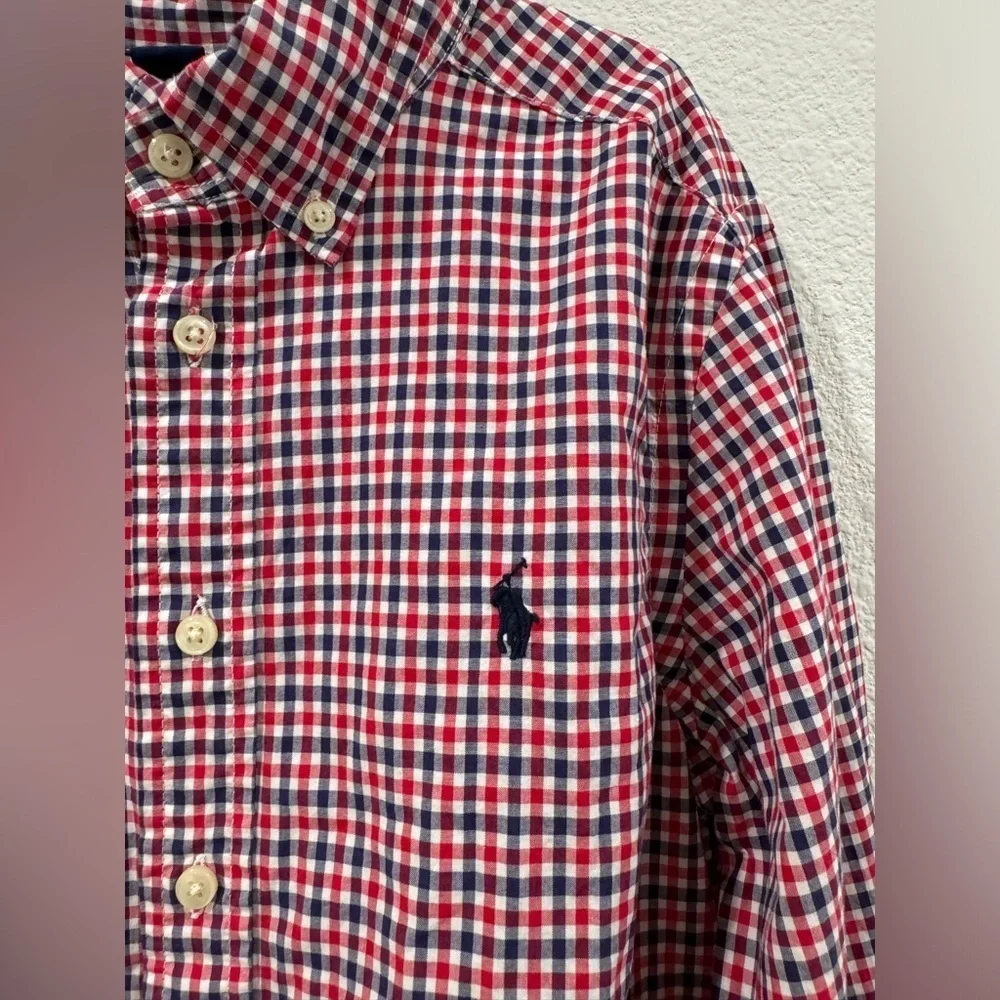 Ralph Lauren Boys Plaid Button Down Collared Logo Red White Blue Shirt Medium